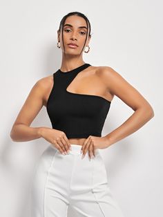 Black Casual Collar Sleeveless Fabric Plain  Embellished Medium Stretch  Women Clothing Cropped Tops, Going Out Tops, Shoulder Crop Top, Women Tops, Black Casual, All Fashion, Women Clothing, Crop Tops Women, Womens Tees