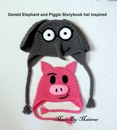 two crocheted hats with googly eyes and a piggy hat inspired by gerall elephant and piggie storybook hat inspired