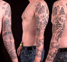 two men with tattoos on their arms and chest, both showing the same tattoo design