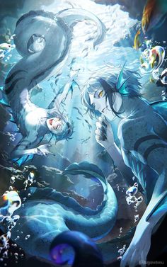 two mermaids in the water with bubbles and fish around them, looking at each other