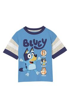 A breathable cotton blend keeps them ready for action in this graphic T-shirt featuring Bluey and the family. 60% cotton, 40% polyester Machine wash, tumble dry Imported Cotton Character T-shirt With Crew Neck, Character Crew Neck Cotton T-shirt, Character Cotton T-shirt Crew Neck, Character Crew Neck Cotton Top, Character Cotton T-shirt With Crew Neck, Short Sleeve T-shirt With Character Print, Character Style Short Sleeve T-shirt With Cartoon Print, Character Style Cotton Short Sleeve Tops, Character Graphic Print Short Sleeve Tops