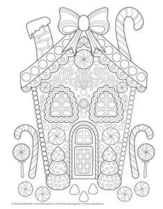 a gingerbread house with candy canes and candies on the roof, coloring page