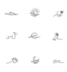 the different types of sun and water icons are shown in this image, with one line drawing