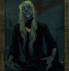 a drawing of a woman with long blonde hair sitting in front of a black background