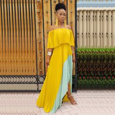 Off Shoulder Butterfly Sleeve Maxi Pleated Dress Yellow Pleated Beach Dress, Yellow Pleated Maxi Dress For Spring, Yellow Pleated Maxi Dress For Summer, Ruffles Fashion, Butterfly Sleeves, Photographer Wedding, Evening Party Dress, Neck Ruffle, Dress Elegant