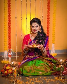 Dasara Photoshoot Ideas, Nilanjana Dhar, Chath Pooja Image, Marathi Mulgi, Photoshoot Background, Ganpati Bappa Photo