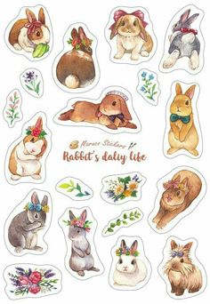 an assortment of stickers with rabbits and flowers on them, all in different colors