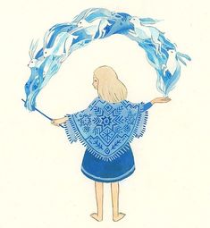 a drawing of a girl holding an umbrella with dolphins in the sky above her head