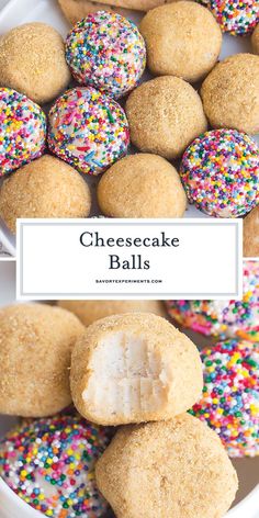 cheesecake balls with sprinkles in a white bowl