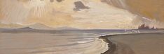 an abstract painting of water and clouds over a beach with the ocean in the foreground