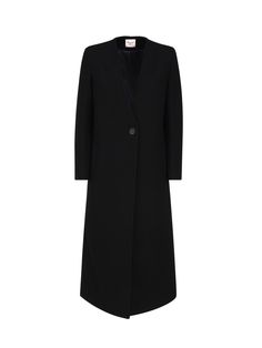 -Long single-breasted coat with belt at the waist -Cross pockets on the front -Made in Italy -Colour: BlackComposition: 100% Polyester Elegant Long Outerwear For Workwear, Elegant Long Outerwear For Work, Elegant Long Wool Coat With Concealed Fastening, Modern Long Outerwear For Work, Tailored Long Coat With Concealed Fastening, Chic Wool Coat With Concealed Front Fastening, Chic Wool Long Coat, Luxury Long Coat For Work, Chic Wool Coat With Concealed Front For Office