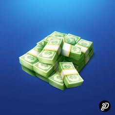 stacks of money sitting on top of each other in front of a blue background,