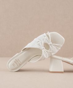 The Emerald | White Double Bow Peep Hole Sandal Classy White Heels, Flat White Sandals, Rush Shoes, Heels For Wedding, White Heeled Sandals, Casual Wedding Shoes, White Textile, Double Bow, Wrap Heels