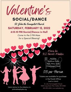 the flyer for valentine's social dance is shown in pink and black with hearts