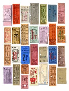 an assortment of tickets are arranged on a white background