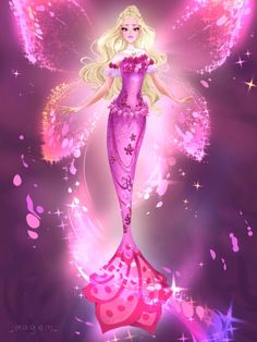 barbie the mermaid fairy is standing in front of pink stars and sparkles on her body