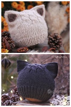 two knitted hats with cat ears and pine cones