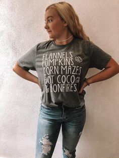 Flannels and Fall Tee | Sassy Shortcake Casual Fall T-shirt With Graphic Print, Trendy Screen Print T-shirt For Fall, Casual Graphic Print T-shirt For Fall, Fall Graphic Print T-shirt, Gray Graphic Tee For Fall, Fall Soft-washed Tri-blend T-shirt, Gray Letter Print T-shirt For Winter, Winter Gray Letter Print T-shirt, Soft-washed Tri-blend Fall T-shirt