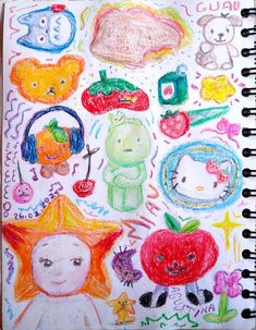 an open notebook with drawings on it and various items drawn by children's hands