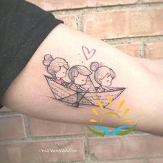 three girls in a paper boat tattoo on the arm