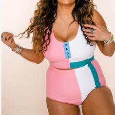 Two Piece High Waisted Swimsuit Size Xl- Baby Pink, Teal And White . Cups And Elastic Bra Lining Sleeveless Color Block Bodysuit For Beach Season, Summer Color Block Bodysuit For Poolside, Casual White One-piece Tankini, Summer Color Block Bodysuit For Vacation, Casual One-piece Color Block Swimwear, Summer Beach Color Block Bodysuit, Summer Pink Color Block Bodysuit, Sleeveless Color Block Bodysuit For Beach, White Color Block Bodysuit For The Beach