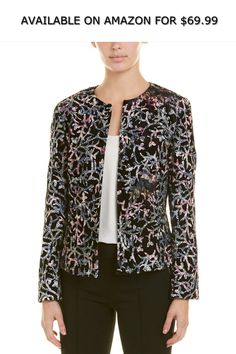 Tahari by Arthur S. Levine Womens Tahari ASL Jacket, 14, Black ◆ AVAILABLE ON AMAZON FOR: $69.99 ◆ Color/pattern: black/blue/pink. Approximately 22in from shoulder to hem. Measurement was taken from a size 4 and may vary slightly by size. Design details: velvet sequin design. Open front. Lightweight. Shell: 100% polyester. Lining: 94% polyester, 6% elastane. Dry clean only. Imported