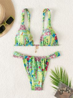 Women's Colorful Retro Print Simple Everyday Bikini Set Summer Beach, Bathing Suit Multicolor Boho    Plants,All Over Print  High Stretch  Women Clothing, size features are:Bust: ,Length: ,Sleeve Length: Vibrant Green Swimwear For Poolside, Vibrant Green Swimwear For Sunbathing, Printed Halter Neck Tankini For Beach, Summer Multicolor Halter Neck Tankini, Multicolor Halter Neck Tankini For Summer, Multicolor Printed Halter Neck Swimwear, Multicolor Halter Neck Swimwear For Summer, Tropical Multicolor Tankini For Summer, Vibrant Triangle Top Swimwear For Vacation