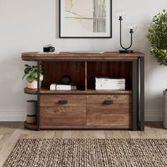 a wooden cabinet with two drawers and a plant in the corner next to it on a rug