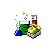 an old school pixel art style image of a beaker and test tube with liquid