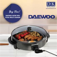 an advertisement for the daewoo electric cooker with sausages, mushrooms and tomatoes