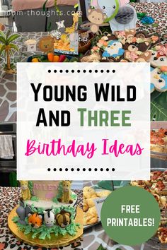 there is a birthday cake with animals on it and the words young wild and three birthday ideas