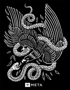 a black and white drawing of a snake with wings on it's back, in front of a dark background