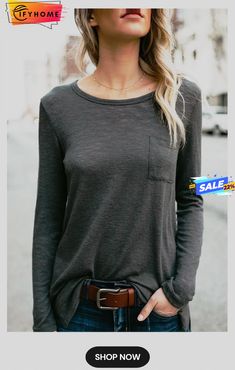 Chic Grey Pocket T-shirt Collar Blouse, Pocket Tshirt, Design T Shirt, Long Sleeve Casual, Long Sleeve Sweatshirts, Casual T Shirts, Shirt Outfit, Online Clothing, Dark Gray