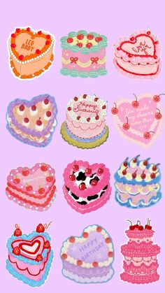 a bunch of cakes that are in the shape of heart's on a pink background