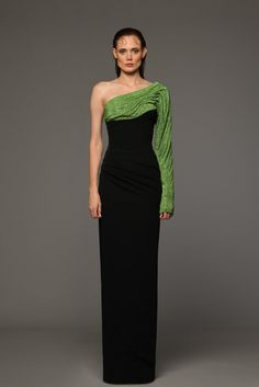 One shoulder crepe dress with green crystal chainmill - HerTrove Elegant Green Evening Midi Dress, Green Pre-draped Party Evening Dress, Elegant Green Midi Evening Dress, Green Asymmetrical Neckline Party Dress, Green Asymmetrical Neckline Party Evening Dress, Green Evening Dress With Asymmetrical Neckline For Party, Green Pre-draped Cocktail Dress, Green Evening Dress For Gala, Elegant Green One-shoulder Dress For Formal Occasions