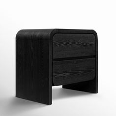 a black wooden table with two drawers on it's sides and one drawer open