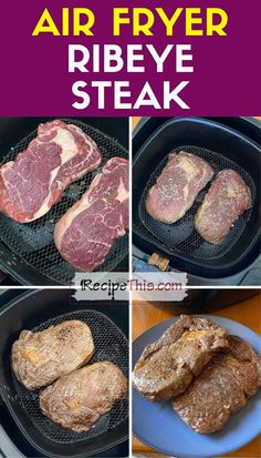 air fryer ribeye steak in the process of being cooked and then put into an air fryer