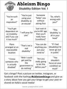 Ableist Quotes, Ableism Bingo, Ableism Quotes, Pots Problems, Internalized Ableism, Judy Heumann, Inclusion Quotes, Invisible Disabilities, Bingo Template