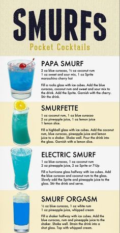 the cocktail menu for smurfs is shown in three different colors and sizes, including blue