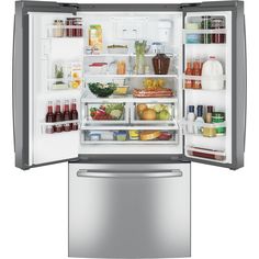 an open refrigerator with its door wide open and full of food, including fruits and vegetables