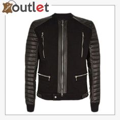 Men Modern Style Bomber Jacket Modern Luxury Men's Leather Jacket, Men's Luxury Leather Jacket With Pockets, Luxury Men's Leather Jacket With Contrast Stitching, Luxury Leather Jacket With Double-lined Hood For Men, Luxury Single-breasted Men's Biker Jacket, Knitted Collar, Inside And Outside, Bomber Jackets, Knit Cuff