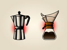 an image of two coffee makers with red light coming out of the top and bottom