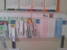 a bulletin board with calendars on it and some papers pinned to the back wall