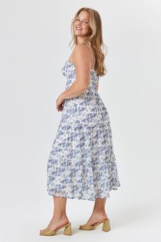 White Blue Floral Tier Emma Midi Dress - Trixxi Clothing Floral Spaghetti Strap Dress, Blue Color Schemes, Trendy Dress, Tiered Midi Dress, White Midi Dress, Trendy Dresses, Classic White, Color Scheme, Blue Floral