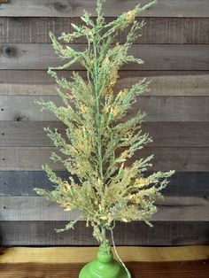 a green vase filled with plants on top of a wooden table