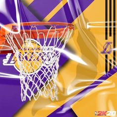 an image of a basketball going through the net in front of a purple and yellow background