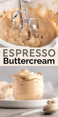 an image of the batter being made in a blender with text overlay that reads espresso buttercream