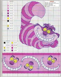 a cross stitch pattern with an image of a pink cat and two small yellow eyes