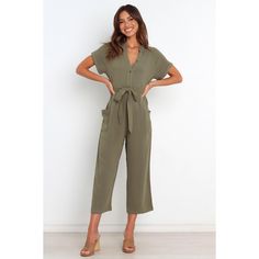 This jumpsuit is the perfect easy to wear staple for your wardrobe. With a v neckline, short sleeves, front functional button close, front functional pockets and belt loops, you'll be ready for whatever comes your way. The detachable waist tie gives you the option of cinching in your waist for when you want that extra flattering silhouette. Designer Jumpsuits, Linen Jumpsuit, Simplicity Patterns, Casual Jumpsuit, Wide Leg Jumpsuit, Knit Cotton, Color Khaki, Cotton Style, Casual Outfit