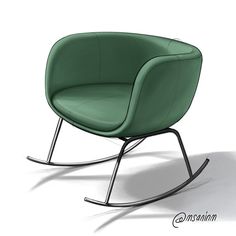 a green chair sitting on top of a white floor next to a black metal frame